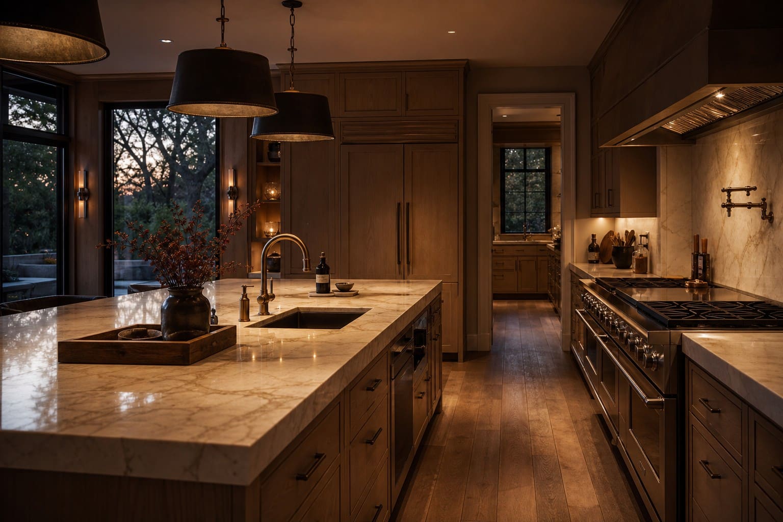Dark premium Walnut Creek kitchen with integrated wine storage