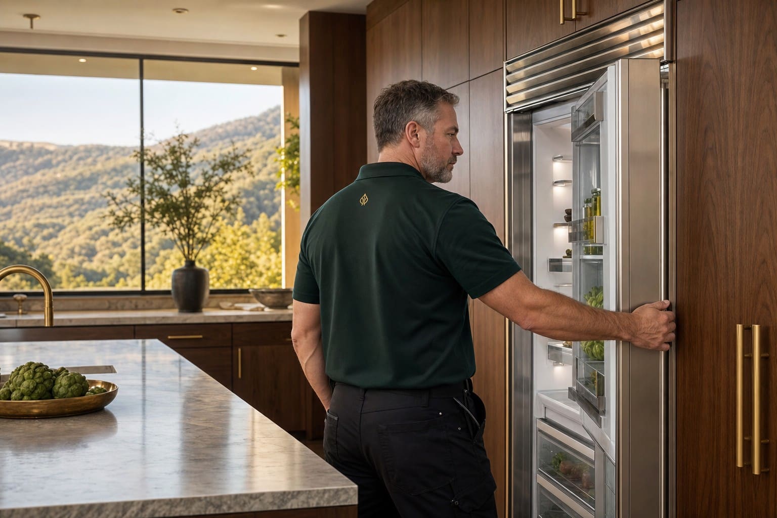 Sub-Zero technician opening a built-in stainless refrigerator in a Walnut Creek estate kitchen