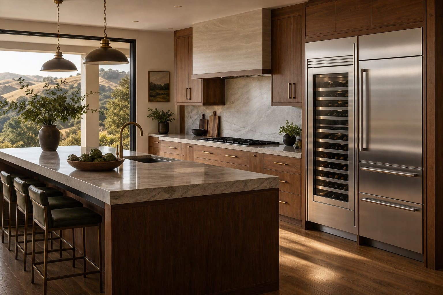 Walnut Creek estate kitchen with an integrated Sub-Zero refrigeration column and wine storage