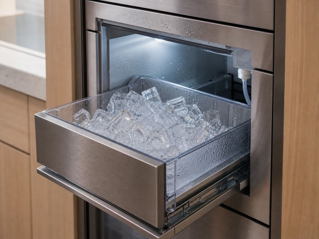 Built-in Sub-Zero freezer with clear ice in a Walnut Creek kitchen after a defrost-system repair