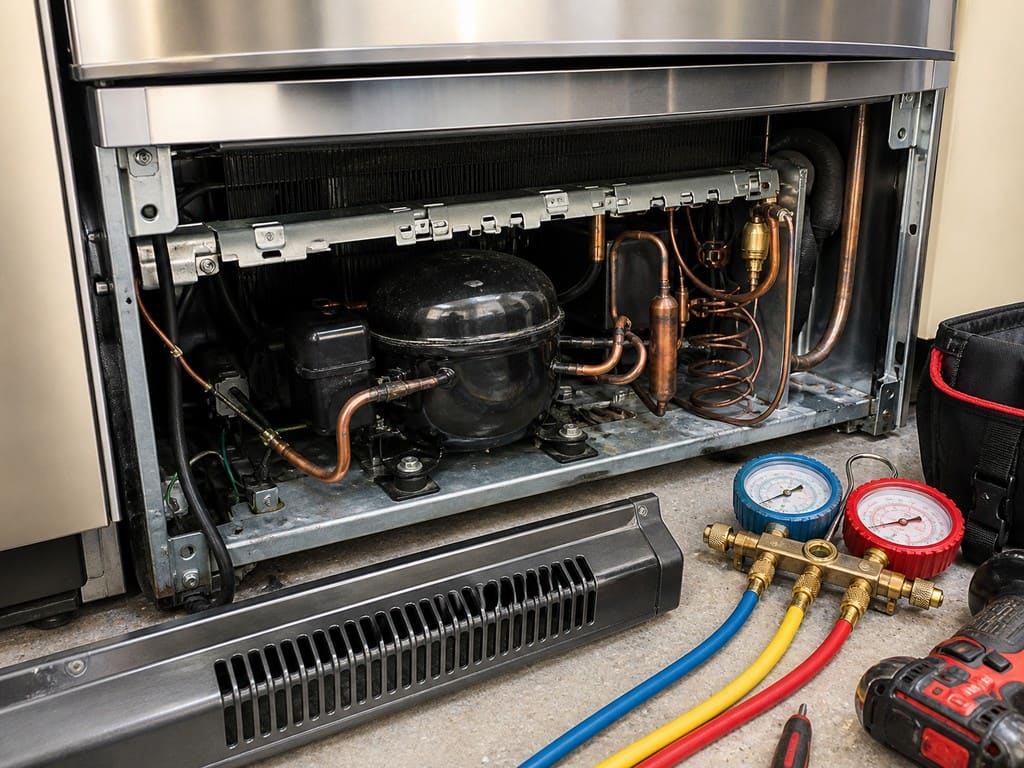 Sub-Zero sealed system and compressor compartment exposed for service in Walnut Creek