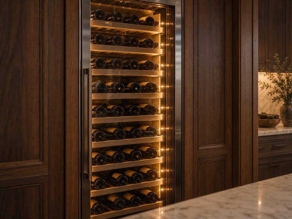 Built-in Sub-Zero wine storage column glowing in a Walnut Creek estate kitchen