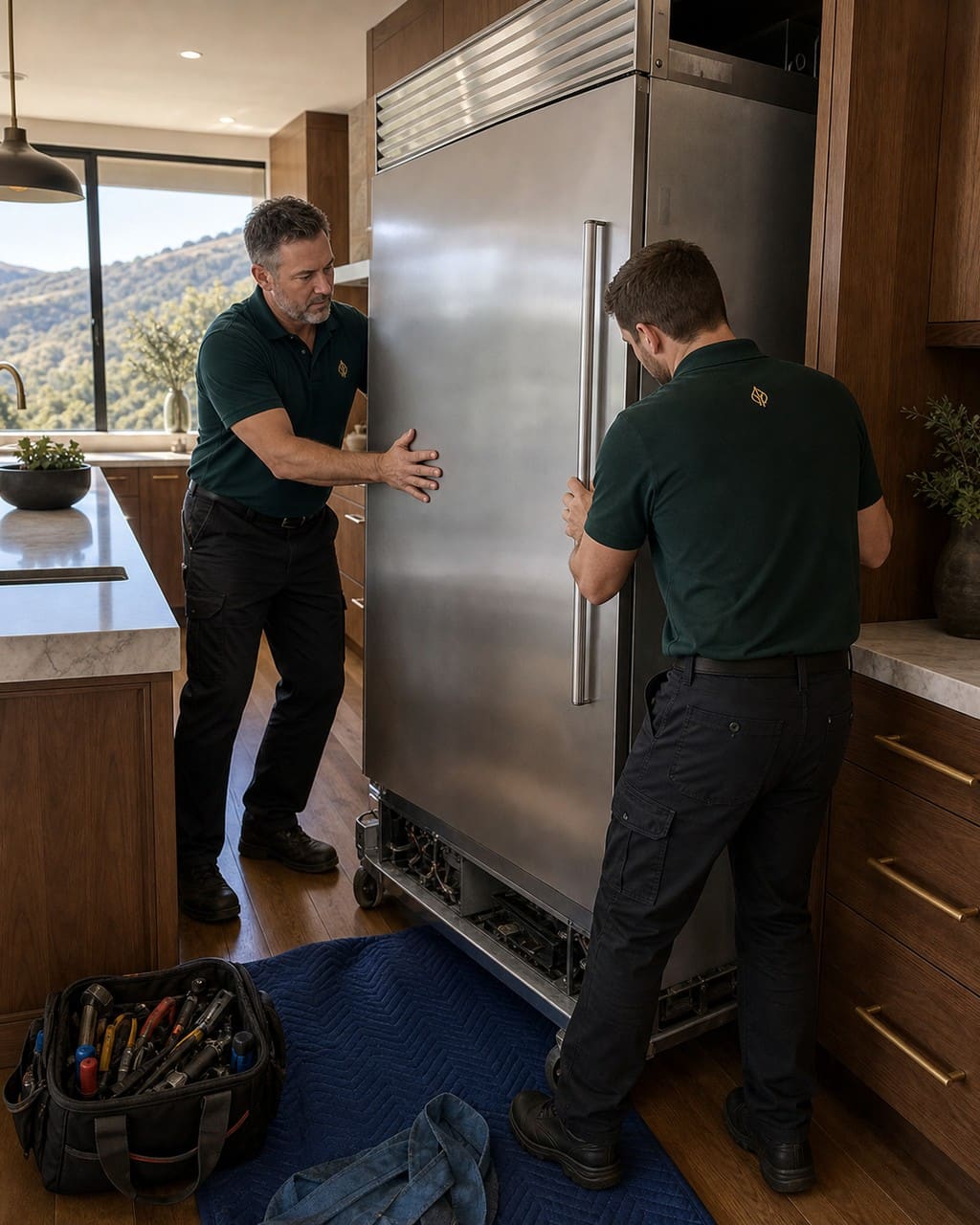Two Sub-Zero Walnut Creek technicians carefully sliding a built-in refrigerator out of its cabinet