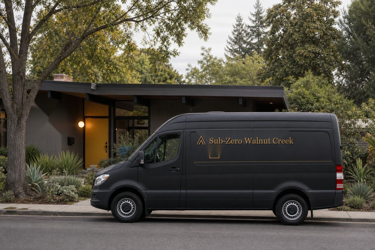 Sub-Zero Walnut Creek service van parked on a tree-lined Walnut Creek street