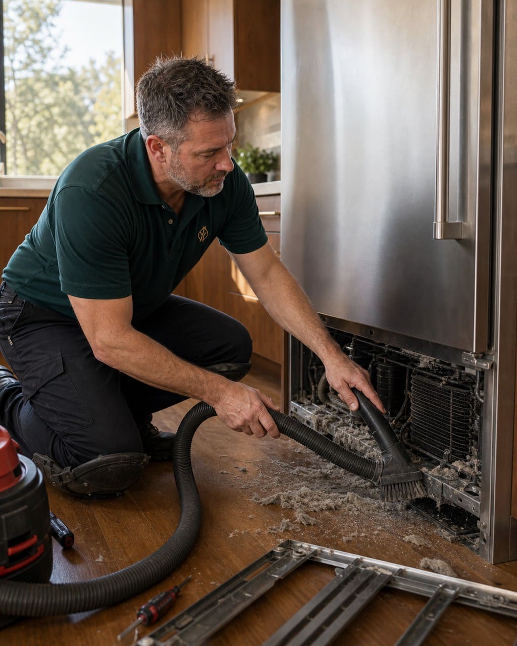 Cleaning the condenser on a built-in Sub-Zero freezer in Walnut Creek