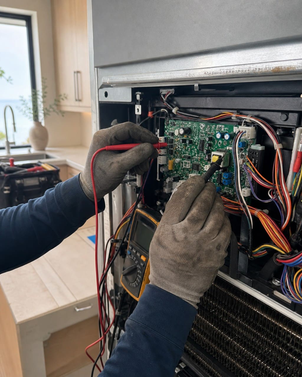 Probing the control board of a Sub-Zero refrigerator in Walnut Creek