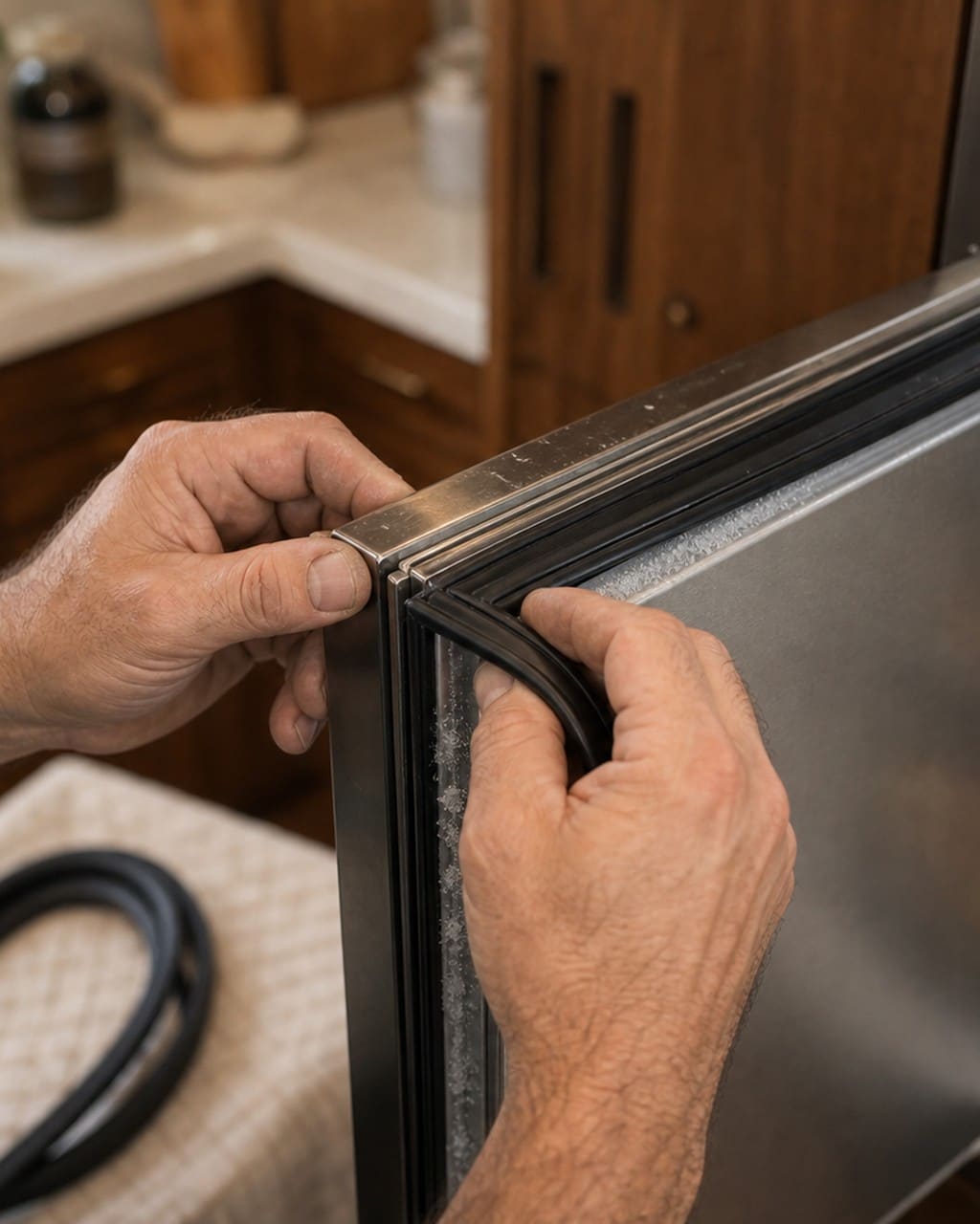 Refreshing a Sub-Zero door gasket during maintenance in Walnut Creek